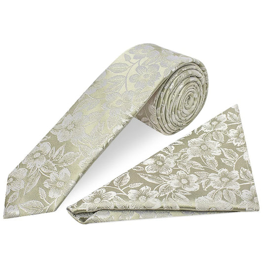 Dusty Sage Floral Silk Skinny Mens Tie and Pocket Square Set