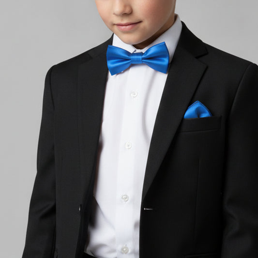 Pre Tied Electric Blue Satin Boys Bow Tie and Pocket Square Set
