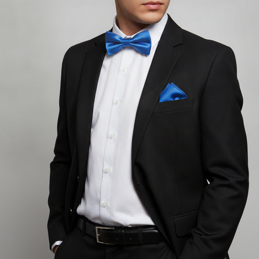 Plain Electric Blue Hand Made Mens Bow Tie and Pocket Square Set