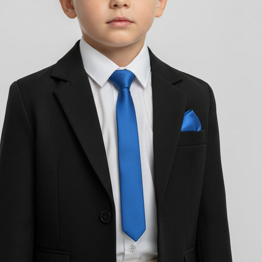 Pre Tied Electric Blue Satin Boys Tie and Pocket Square Set Age 4-7