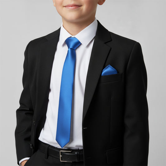 Electric Blue Satin Skinny Boys Tie and Pocket Square Set