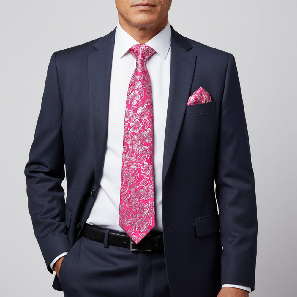 Mens Fuchsia Floral Silk Classic Tie and Pocket Square