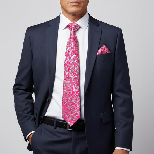 Mens Fuchsia Floral Silk Classic Tie and Pocket Square