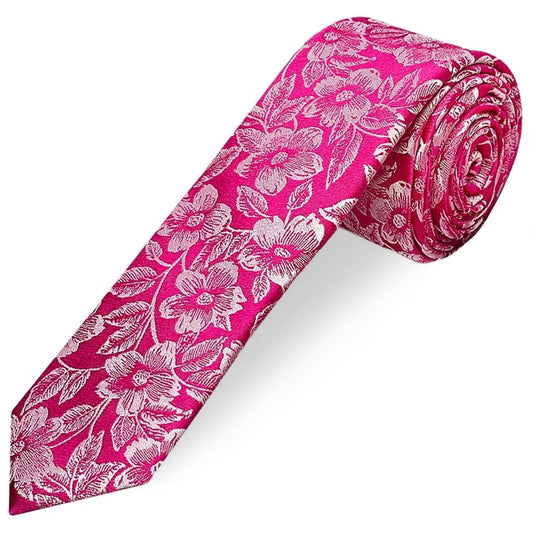 Mens Fuchsia Floral Silk Skinny Tie and Pocket Square