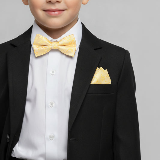 Pre Tied Gold Floral Boys Bow Tie and Pocket Square Set Age 4-7