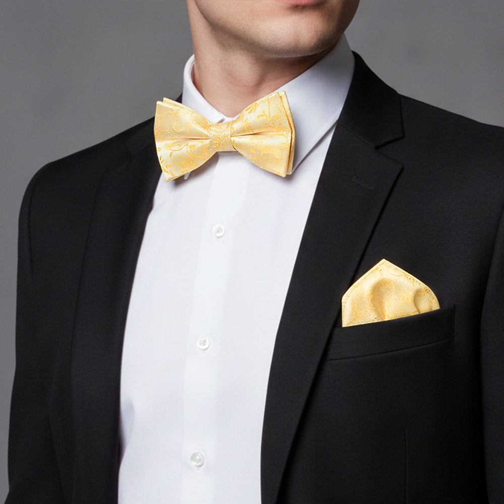 Gold Floral Handmade Mens Bow Tie and Pocket Square Set