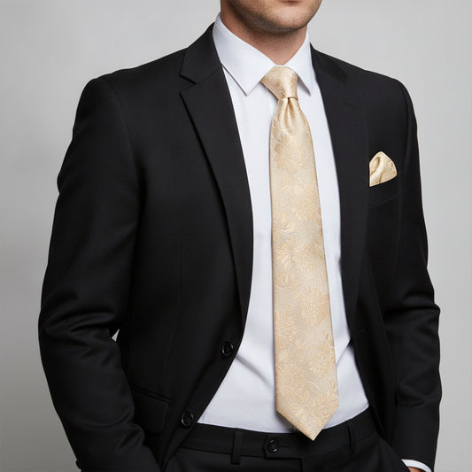 Gold Flower Classic Men's Tie and Pocket Square Set