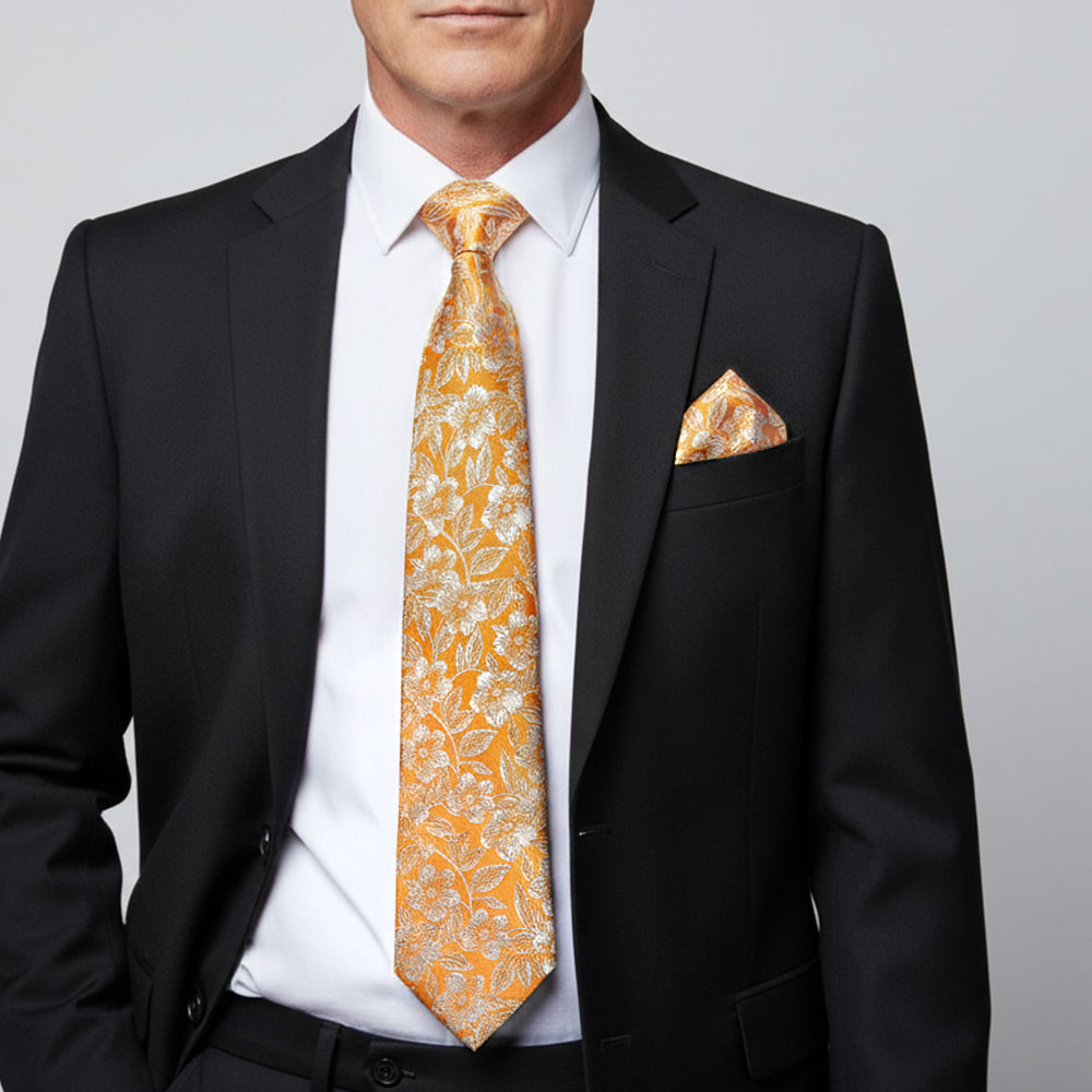 Mens Gold Floral Silk Classic Tie and Pocket Square