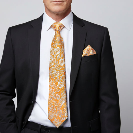 Mens Gold Floral Silk Classic Tie and Pocket Square