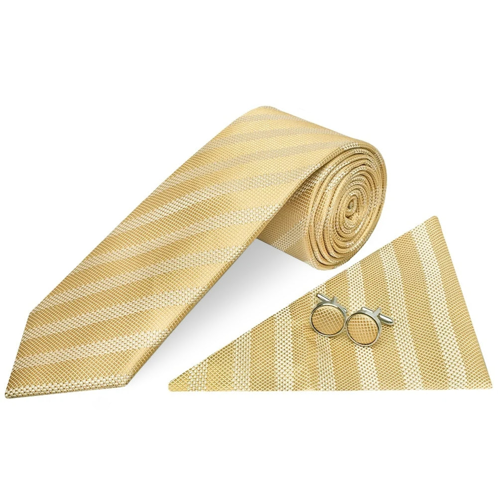 Mens Gold Textured Stripe Silk Classic Tie Pocket Square and Cufflinks Box Set
