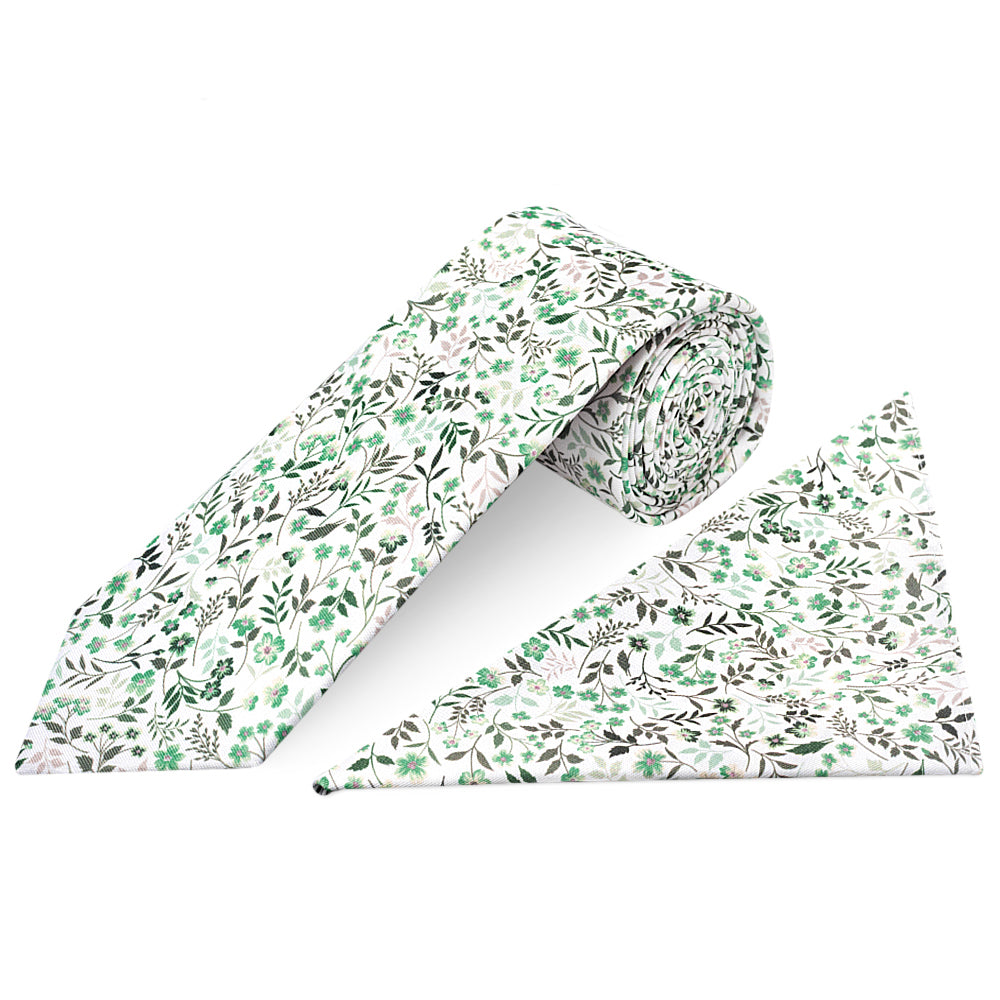 Mens Classic Green Floral Tie and Pocket Square Set