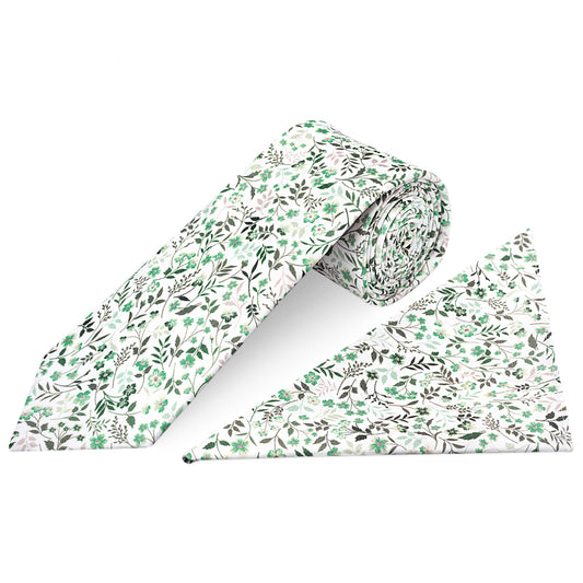 Mens Classic Green Small Floral Tie and Pocket Square Set