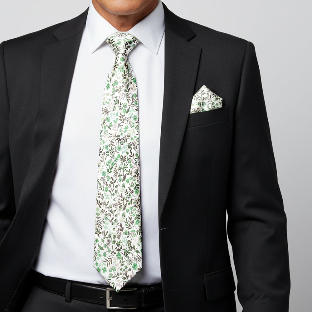 Mens Classic Green Floral Tie and Pocket Square Set