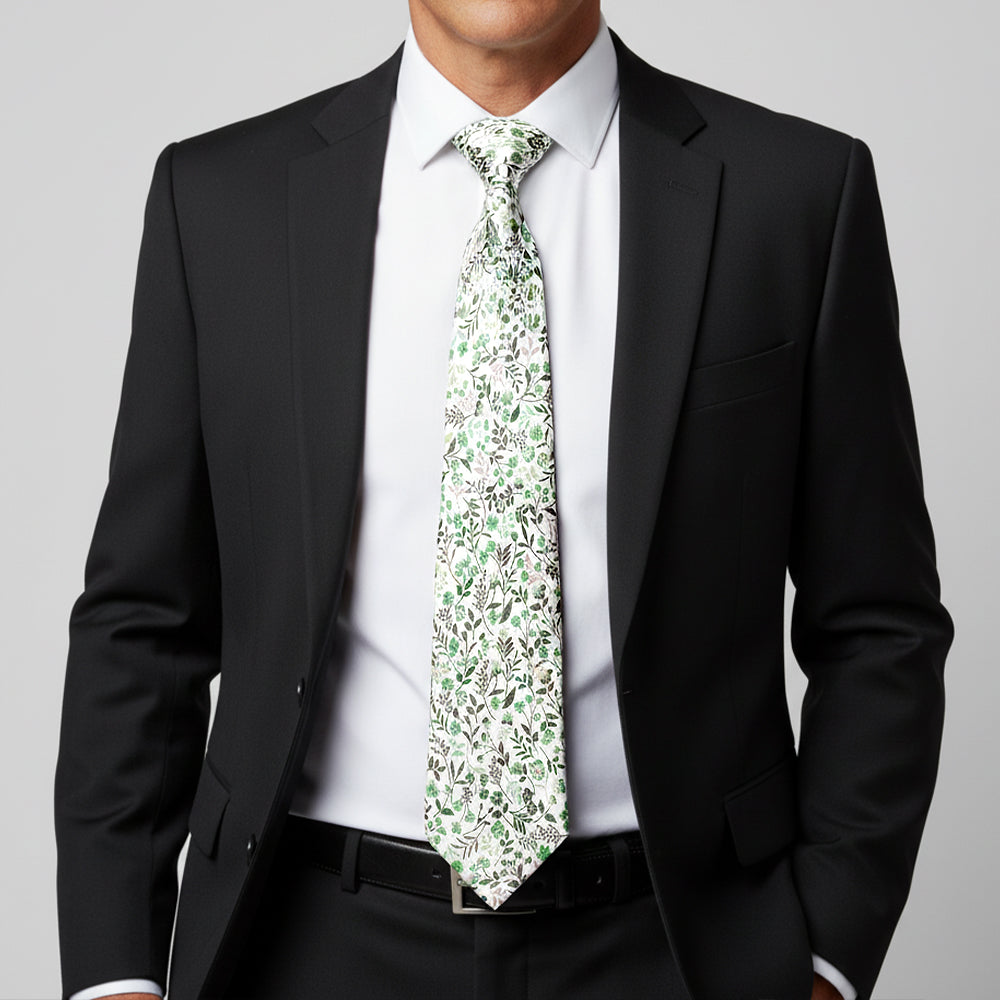Mens Classic Small Green Floral Tie