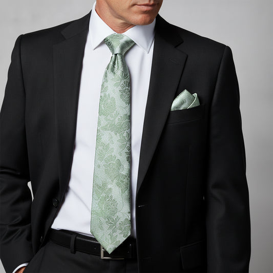Green Flower Classic Men's Tie and Pocket Square Set
