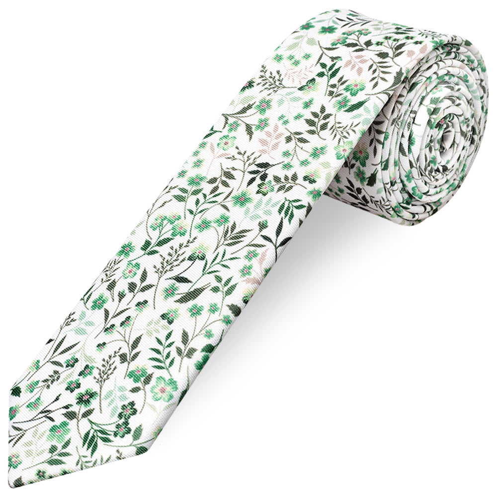 Mens Skinny Green Small Floral Tie and Pocket Square Set