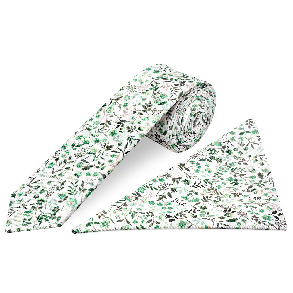 Mens Skinny Green Small Floral Tie and Pocket Square Set