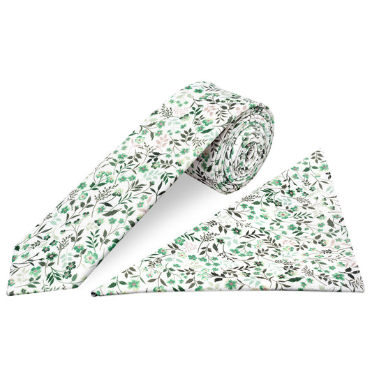 Mens Skinny Green Small Floral Tie and Pocket Square Set