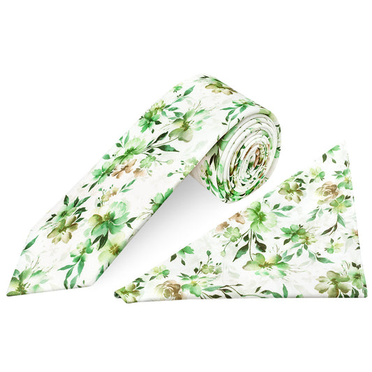 Mens Green Large Floral Classic Tie and Pocket Square Set