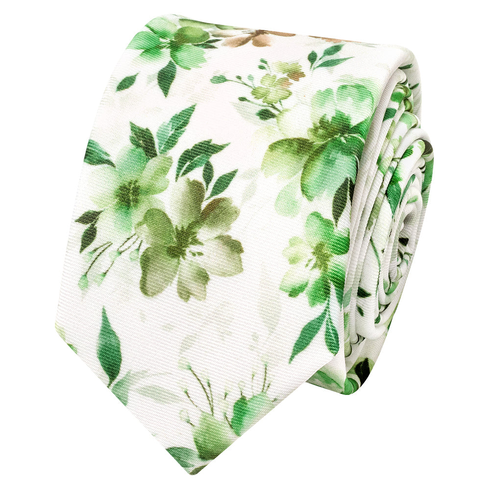 Mens Green Large Floral Skinny Tie and Pocket Square Set