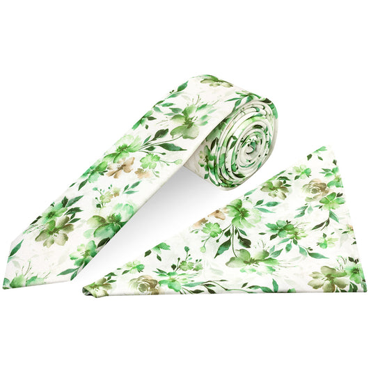 Mens Green Large Floral Skinny Tie and Pocket Square Set