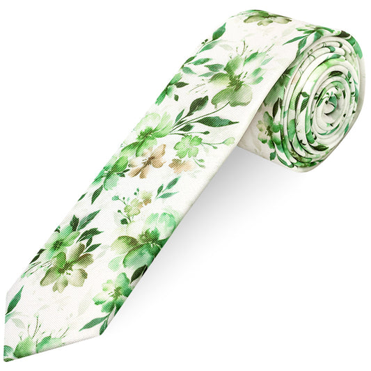 Mens Green Large Floral Skinny Tie and Pocket Square Set