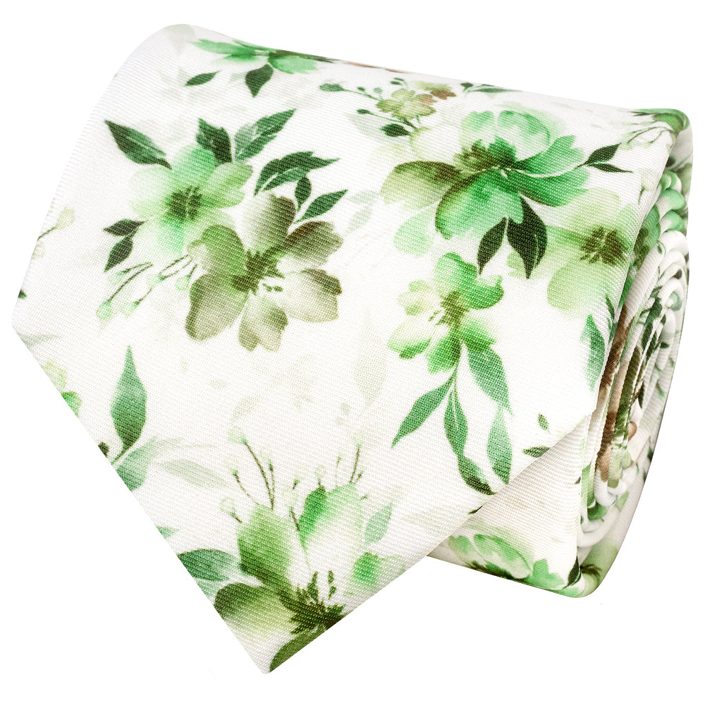 Mens Green Large Floral Classic Tie and Pocket Square Set