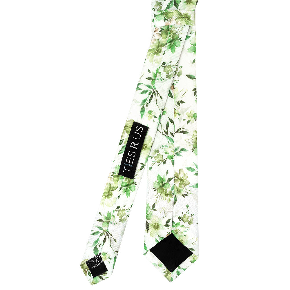 Mens Green Large Floral Skinny Tie and Pocket Square Set