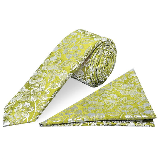 Mens Green Floral Silk Skinny Tie and Pocket Square