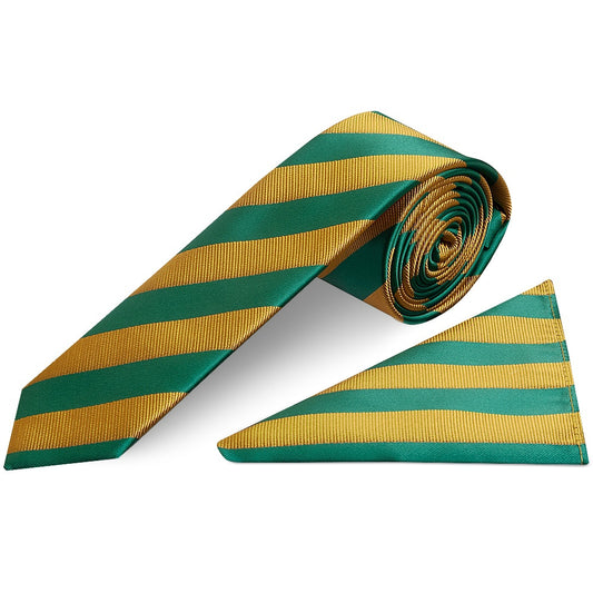 Green and Gold Striped Skinny Mens Tie and Pocket Square Set