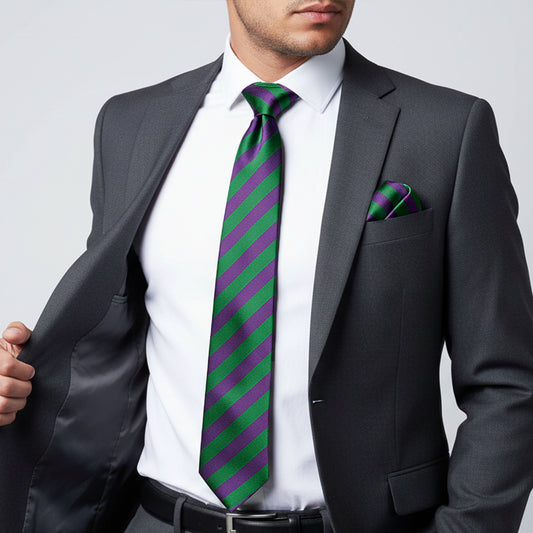 Green and Purple Striped Classic Mens Tie and Pocket Square Set
