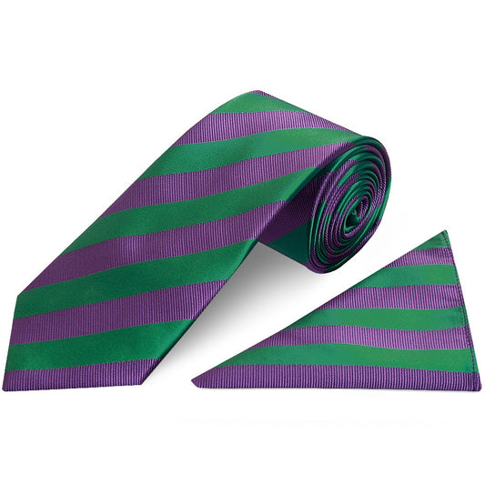 Green and Purple Striped Classic Mens Tie and Pocket Square Set