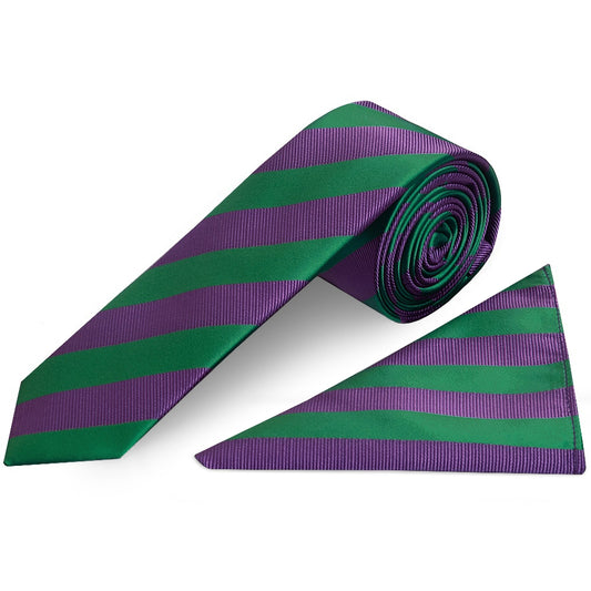 Green and Purple Striped Skinny Mens Tie and Pocket Square Set