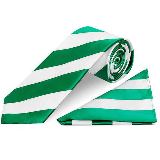Green and White Striped Classic Mens Football Tie and Pocket Square Set