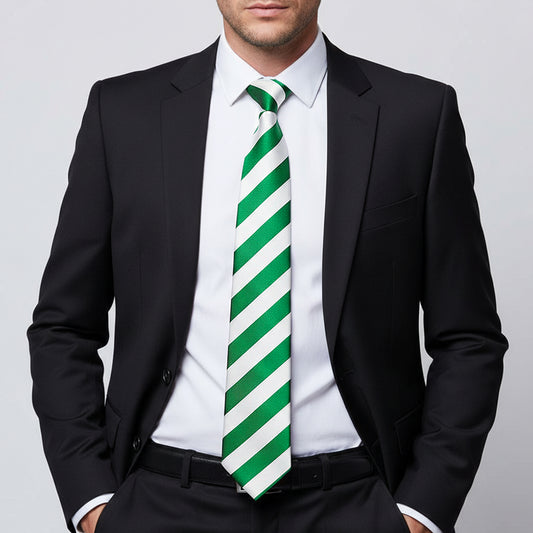 Green and White Striped Hand Made Classic Mens Football Tie