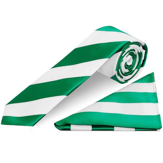 Green and White Striped Handmade Skinny Mens Football Tie and Pocket Square Set
