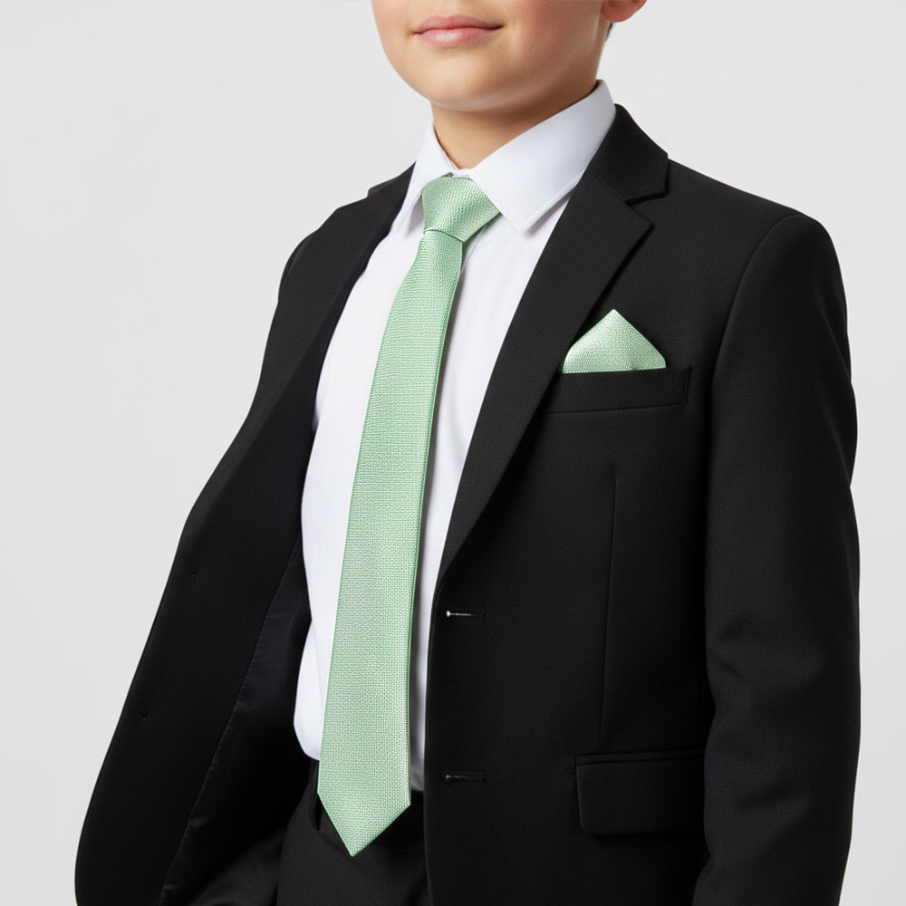 Plain Green Textured Silk Skinny Boys Tie and Pocket Square Set