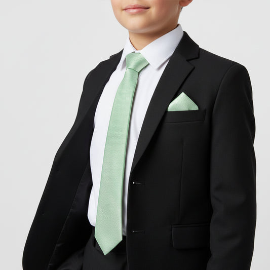 Plain Green Textured Silk Skinny Boys Tie and Pocket Square Set