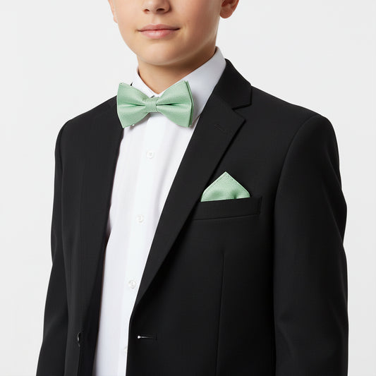 Pre Tied Green Textured Silk Boys Bow Tie and Pocket Square Set