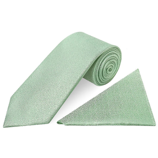Plain Green Textured Silk Classic Mens Tie and Pocket Square Set