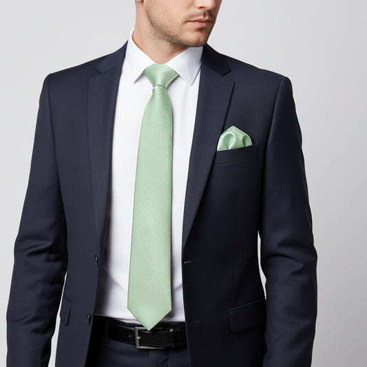 Plain Green Textured Silk Classic Mens Tie and Pocket Square Set