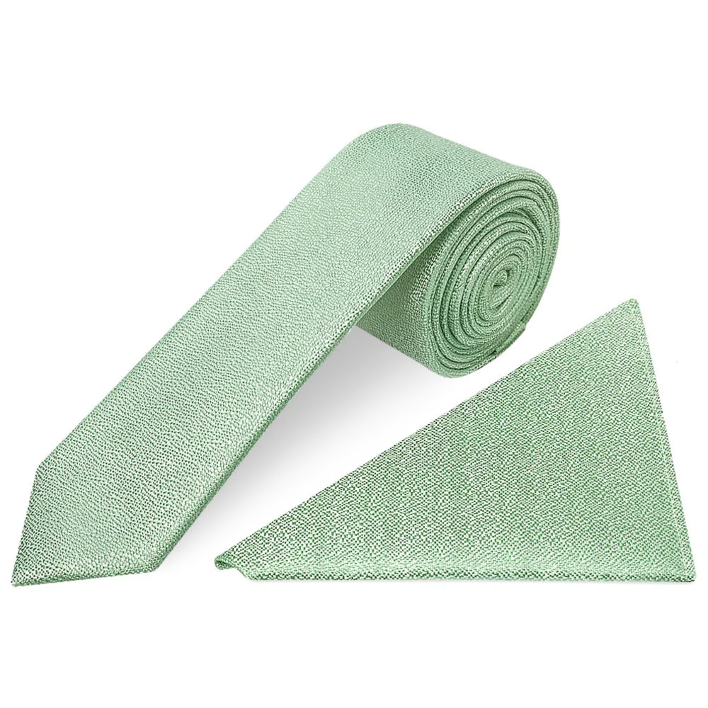 Plain Green Textured Silk Skinny Mens Tie and Pocket Square Set
