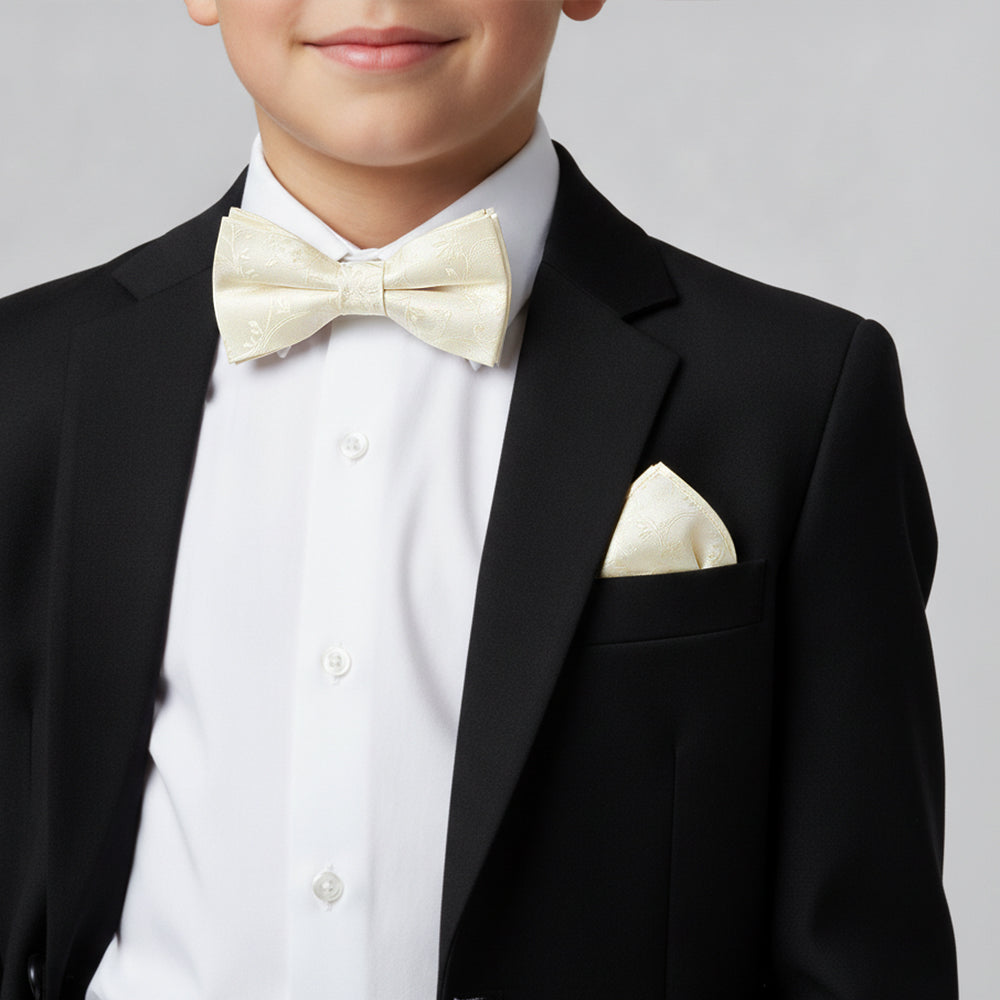 Pre Tied Ivory Floral Boys Bow Tie and Pocket Square Set