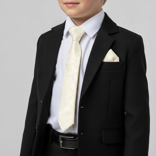 Pre Tied Ivory Floral Boys Tie and Pocket Square Set Age 4-7