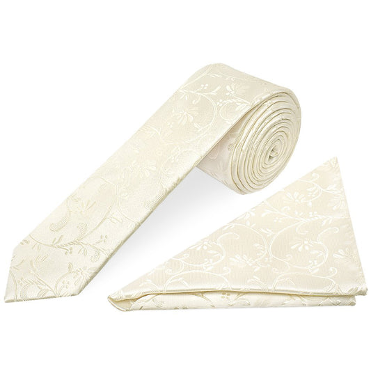 Ivory Floral Skinny Men's Tie and Pocket Square Set