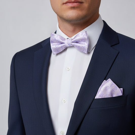 Lavender Floral Handmade Mens Bow Tie and Pocket Square Set