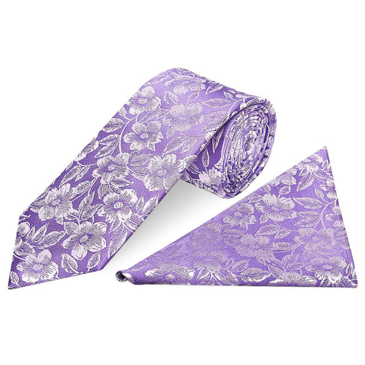 Mens Lavender Floral Silk Classic Tie and Pocket Square
