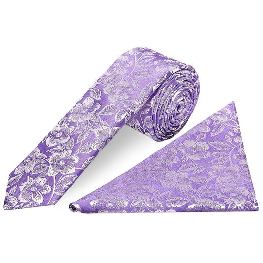 Mens Lavender Floral Silk Skinny Tie and Pocket Square