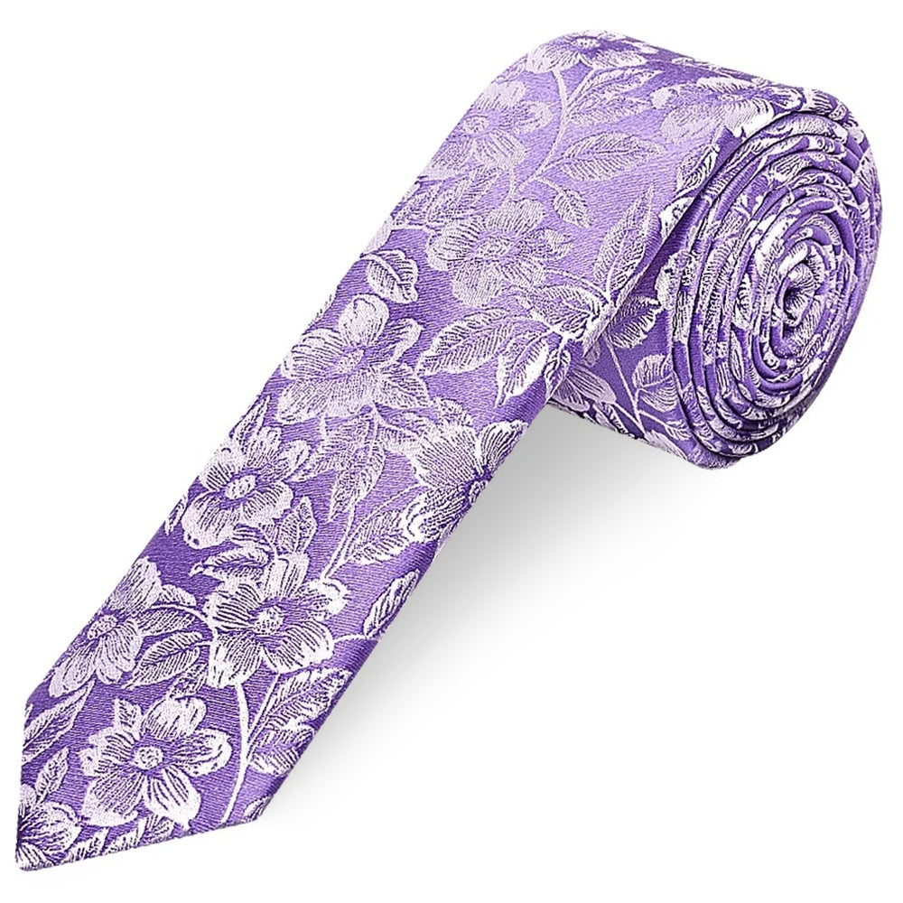 Mens Lavender Floral Silk Skinny Tie