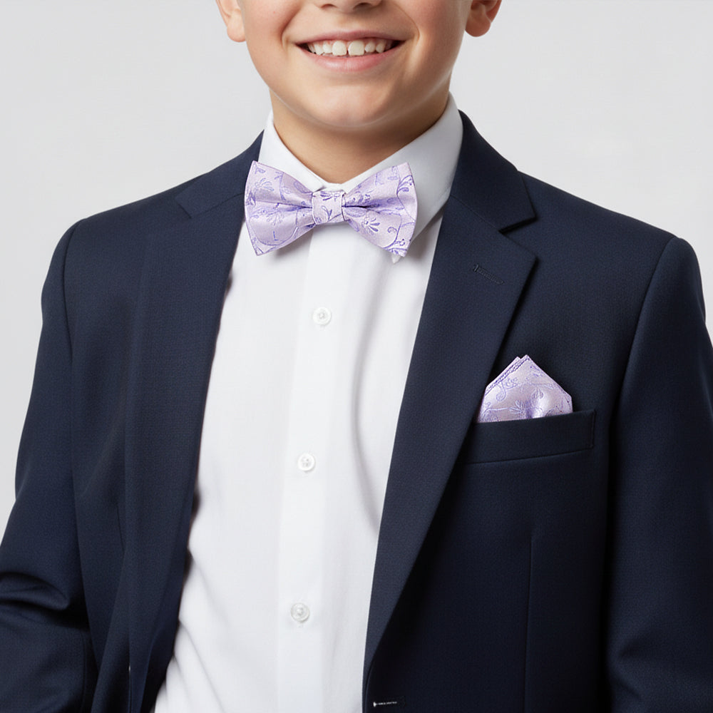 Pre Tied Lavender Floral Boys Bow Tie and Pocket Square Set Age 8-11 Years